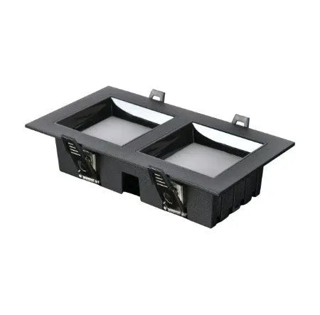 LED ultra-thin square downlight recessed in ceiling grid grille, aluminium shell, side view of flush mount installation