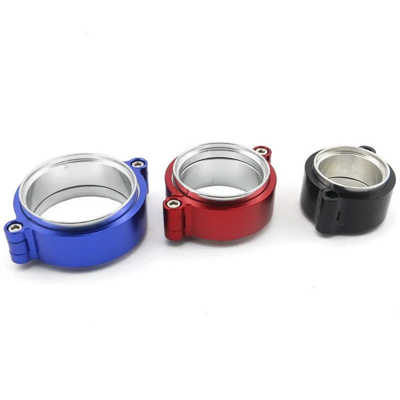 Aluminium fixed movement clamp for car exhaust in black, blue, or red, shown in 2 inch, 2.5 inch, and 3 inch sizes.