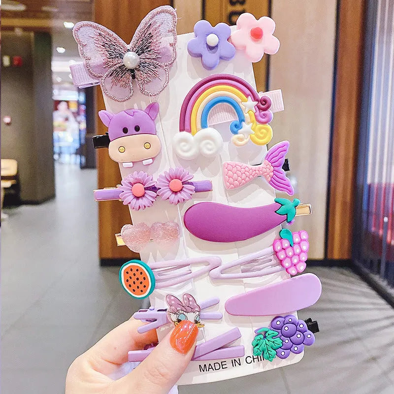 14-piece toddler hair clips set with rainbow barrettes, candy fruit, butterfly, and ice cream patterns on white background