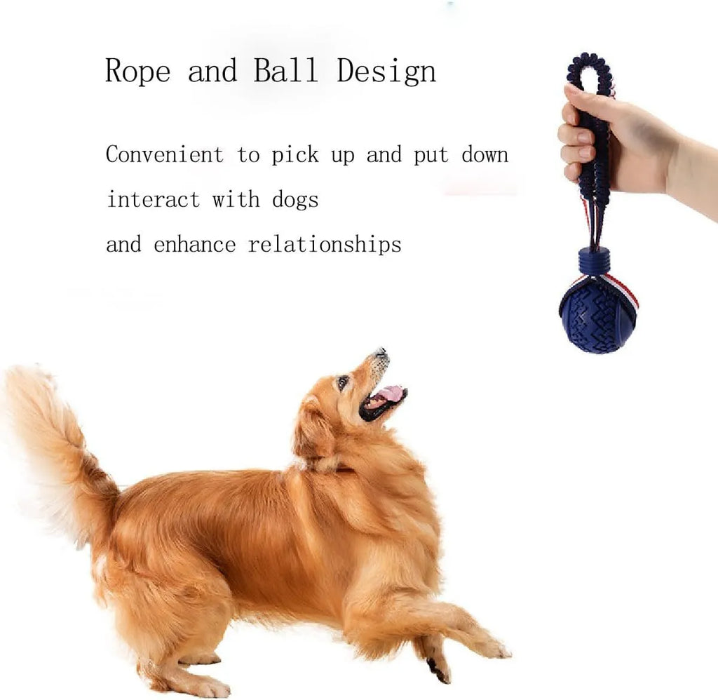 Blue and red natural rubber dog ball with attached rope for tug-of-war and teeth cleaning