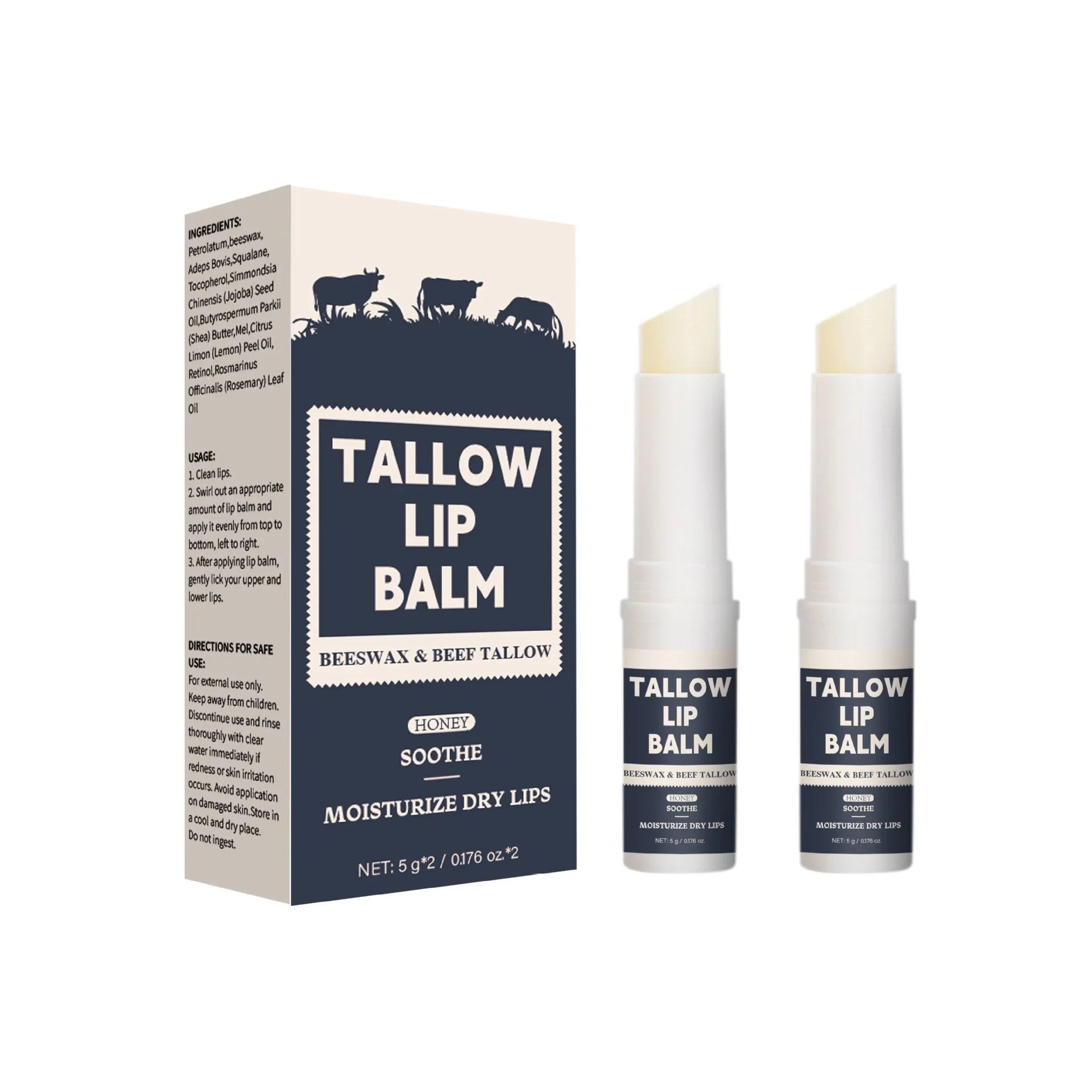 Two standard tube lip balms with a beef fat formula for dry lip care.