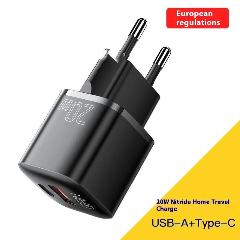PD20W gallium nitride travel charger with dual USB-A and USB-C ports, black British standard plug
