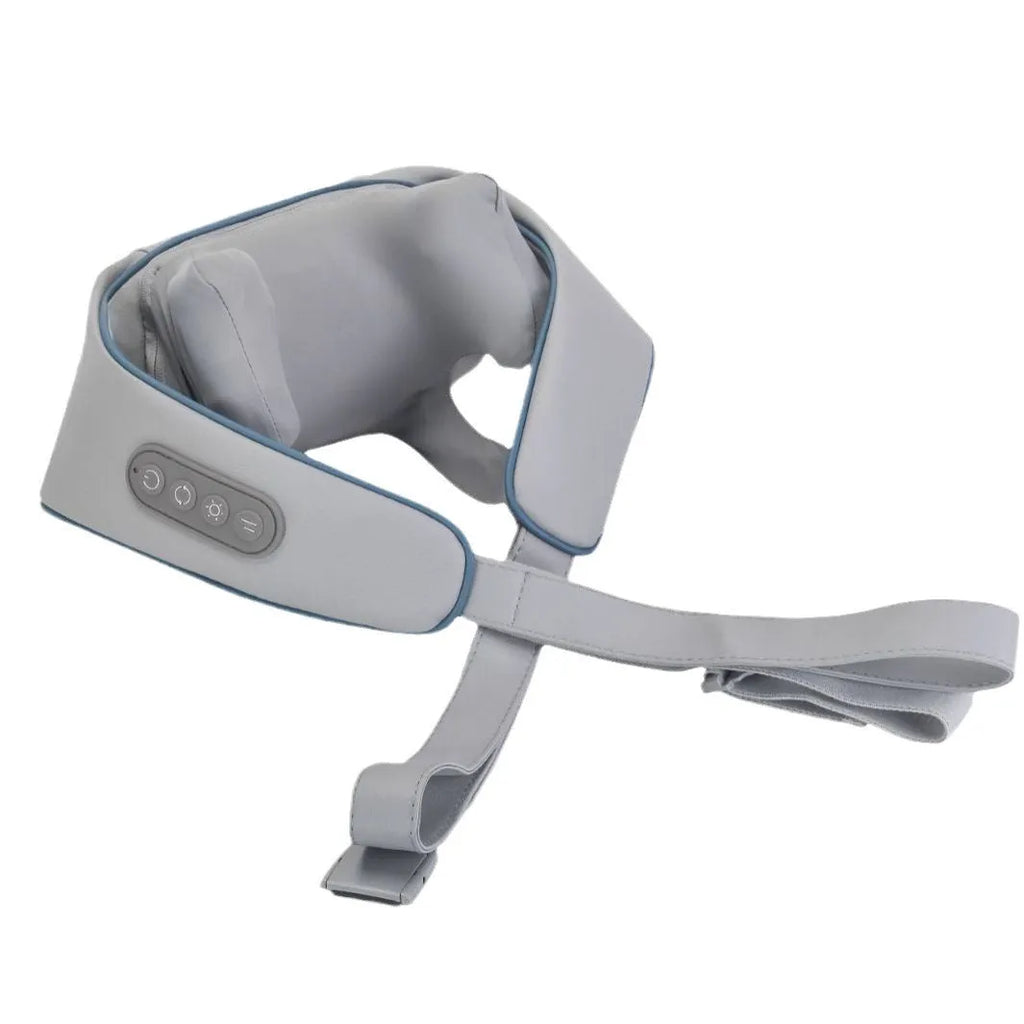 Household electric clip neck massager in beige with shawl design on person, rechargeable with PU leather