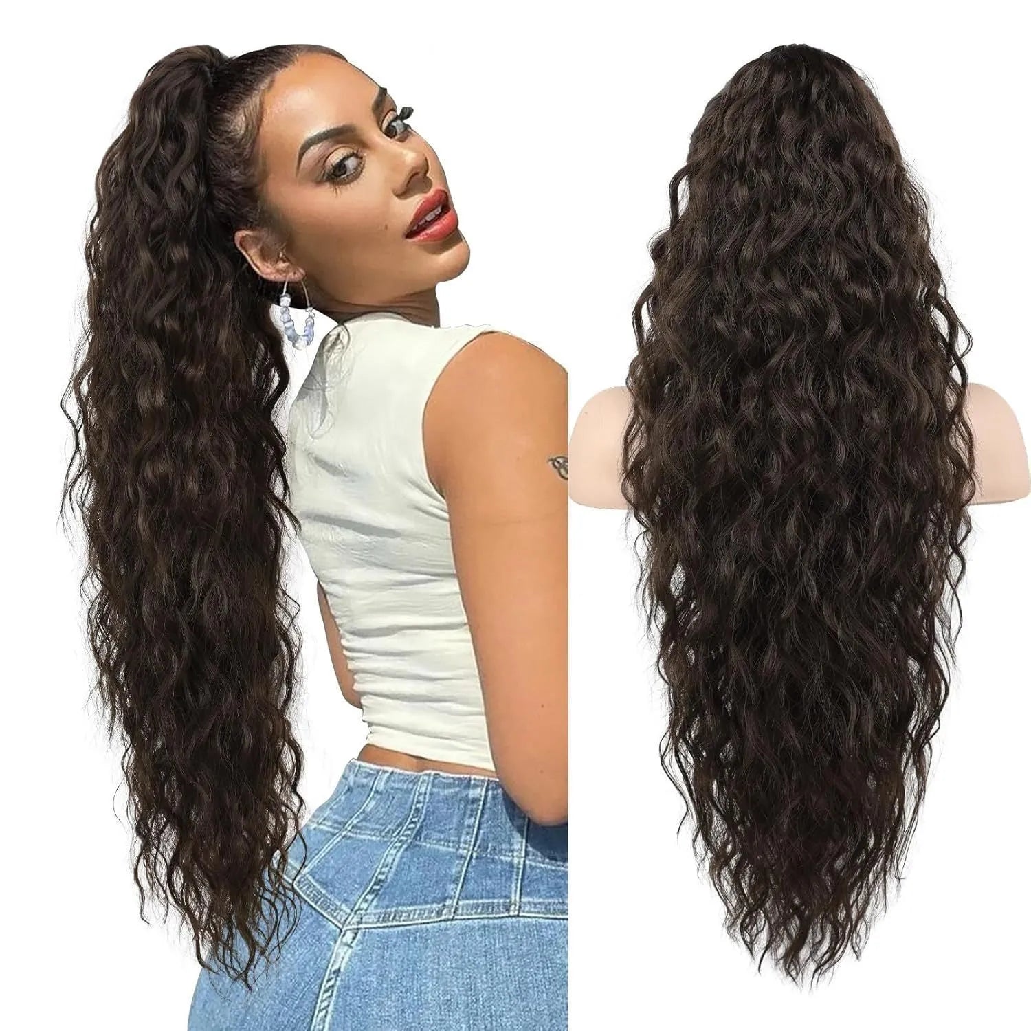 Long, fluffy curly synthetic ponytail wig in a high temperature fibre, shown in a 30-inch length.