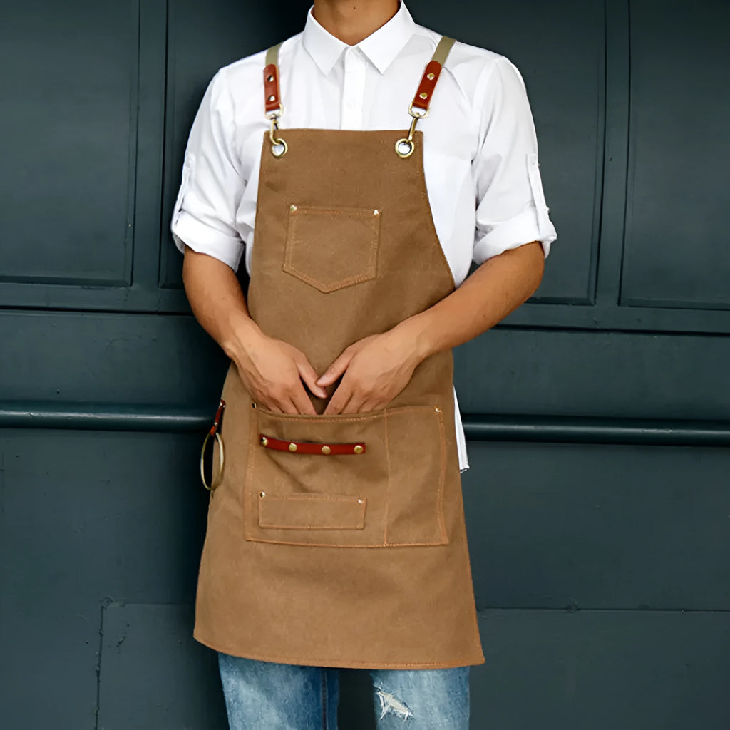 Canvas cross-strap Han-style apron in Camel colour for café baking milk tea shop antifouling work clothes