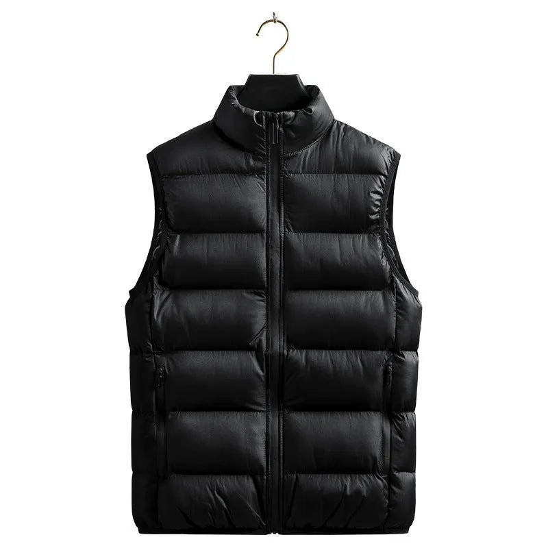 Men's thickened down jacket vest loose fit medium length 65cm polyester fibre round hem black colour front view