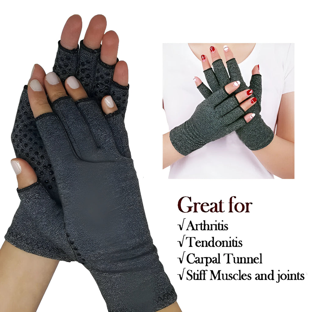 Grey half-finger joint compression gloves with an anti-slip palm pattern, shown laid flat.