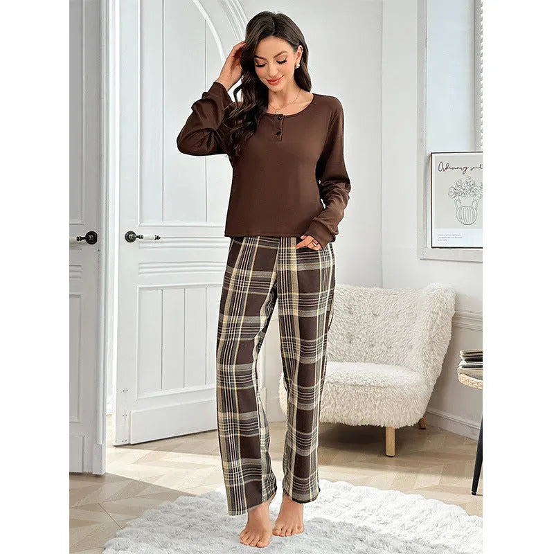Milk silk plaid button pullover top and trousers set for women in brown and wine red colours
