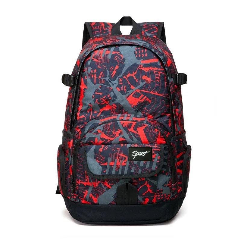 Blue and red classic nylon backpack with large main compartment and adjustable shoulder straps.