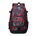 Blue and red classic nylon backpack with large main compartment and adjustable shoulder straps.
