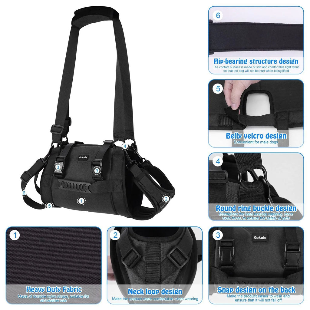 Black Oxford cloth dog harness shown on a dog, highlighting the chest strap and sizing options.