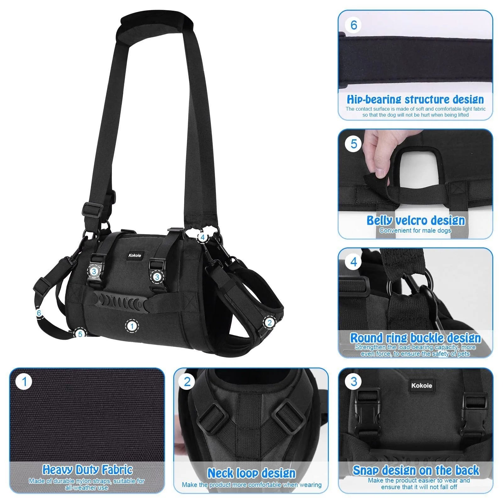 Black Oxford cloth dog harness shown on a dog, highlighting the chest strap and sizing options.