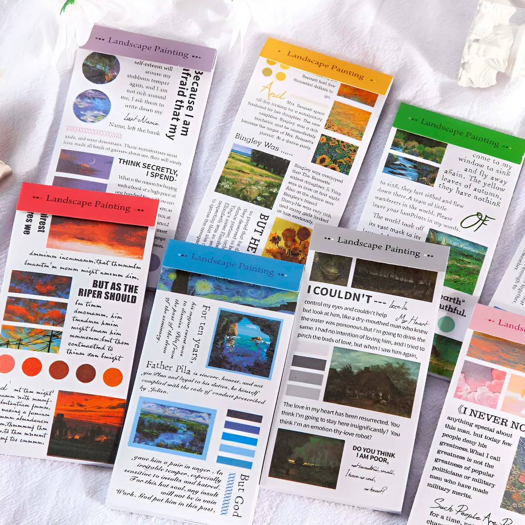 Twenty paper stickers with landscape painting designs measuring 60mm by 120mm