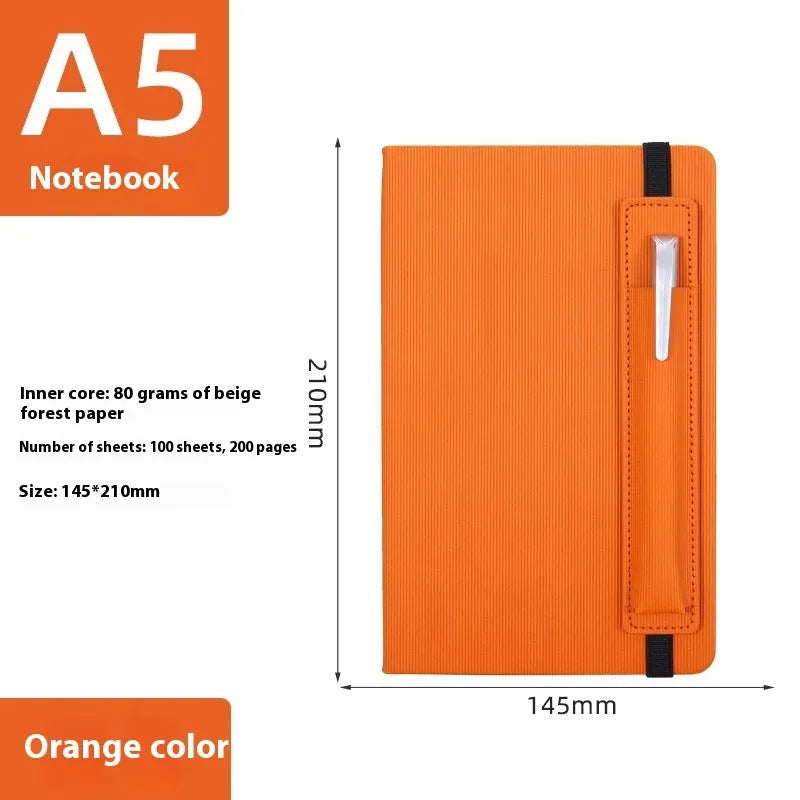 A5 faux leather notebook open with pen insert and strap, 200 pages, blue and black options