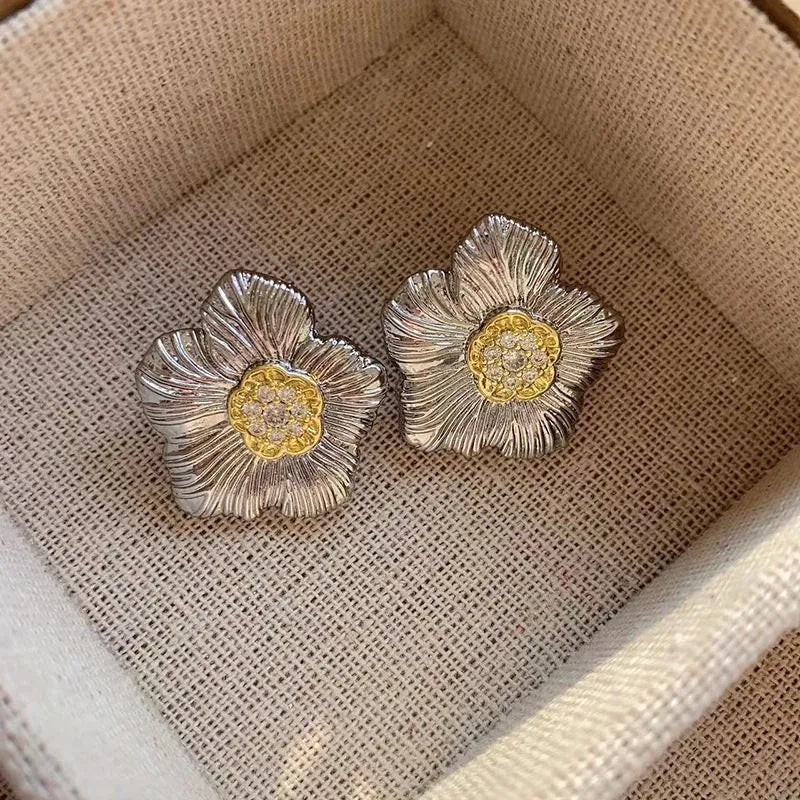 Textured gardenia stud earrings in E3002 two-tone colour with copper construction