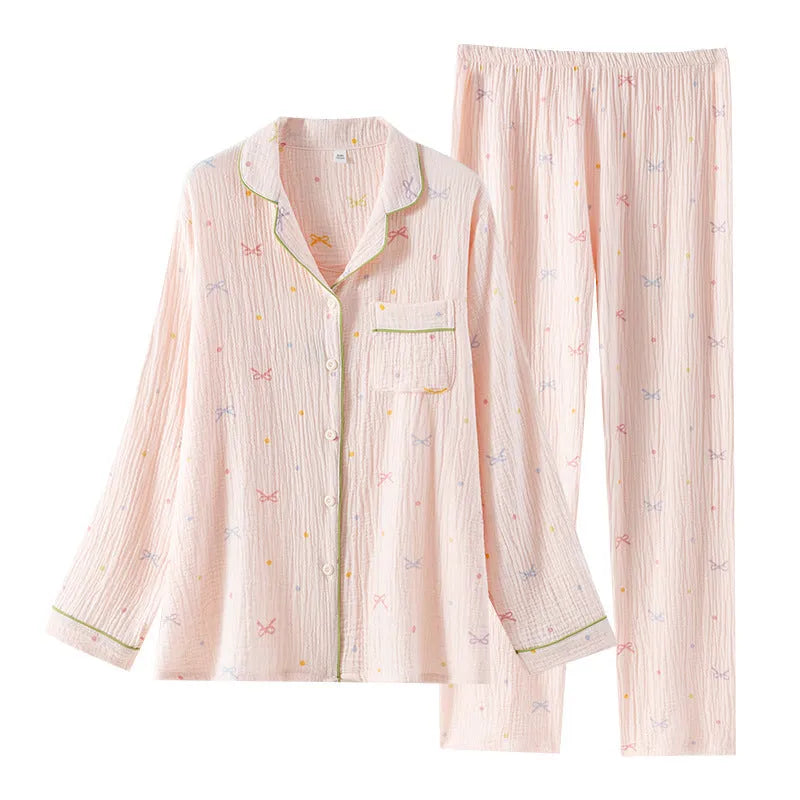 Women's cotton pajama set in pink or beige with long sleeves and trousers