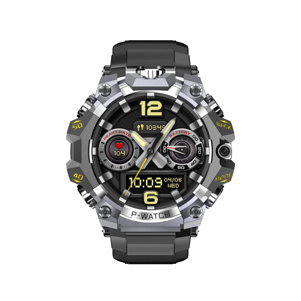 Waterproof smart watch with HD dual camera, black colour, touch screen display, showing step counting and blood oxygen detection features