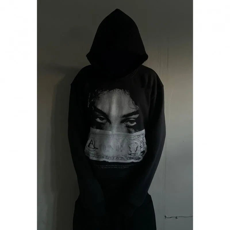 Black women's hooded sweater with cartoon pattern printing in loose fit