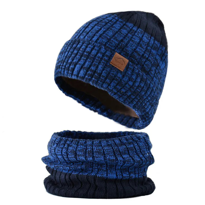 Fleece-lined thickened acrylic winter hat in dome style with matching neck warmer for men