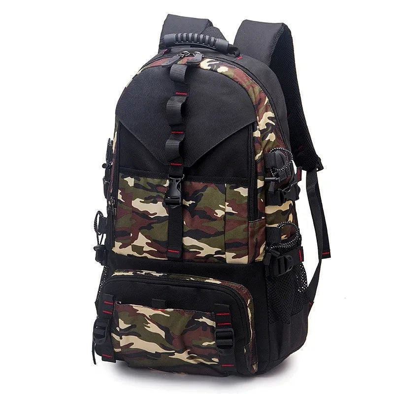 Men's large waterproof Oxford cloth hiking backpack in camouflage colour with chest bag.