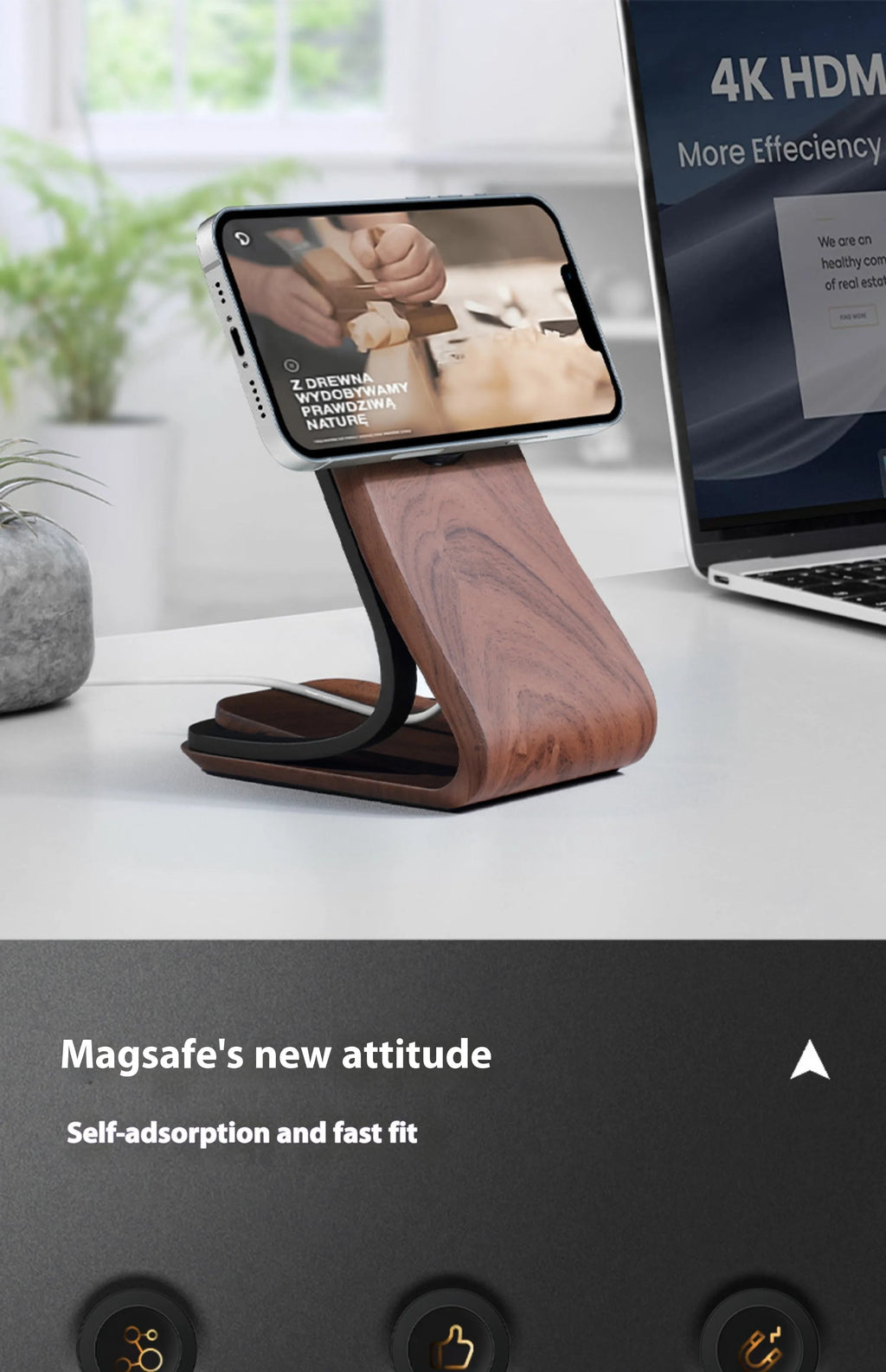 Magsafe magnetic resin phone holder on desktop with mobile phone attached