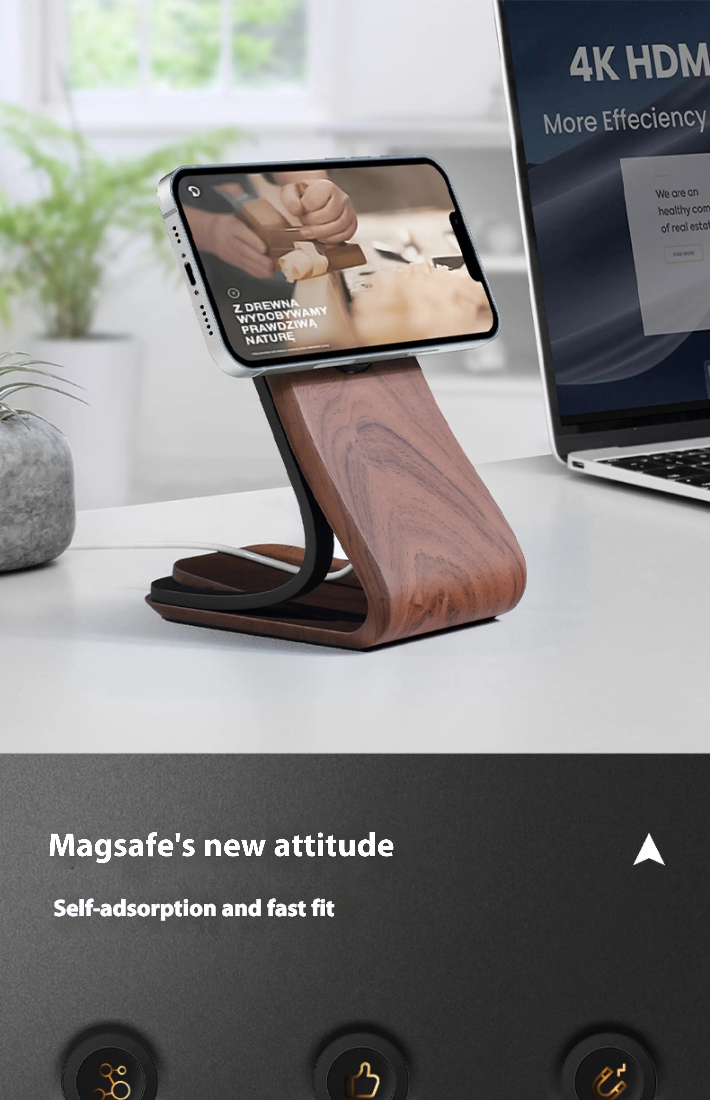 Magsafe magnetic resin phone holder on desktop with mobile phone attached