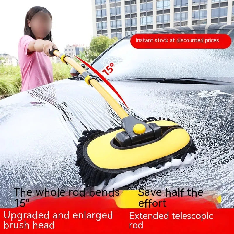Telescopic curved rod car cleaning brush with aluminium chenille head, shown with a spare brush head, in blue and yellow colours.