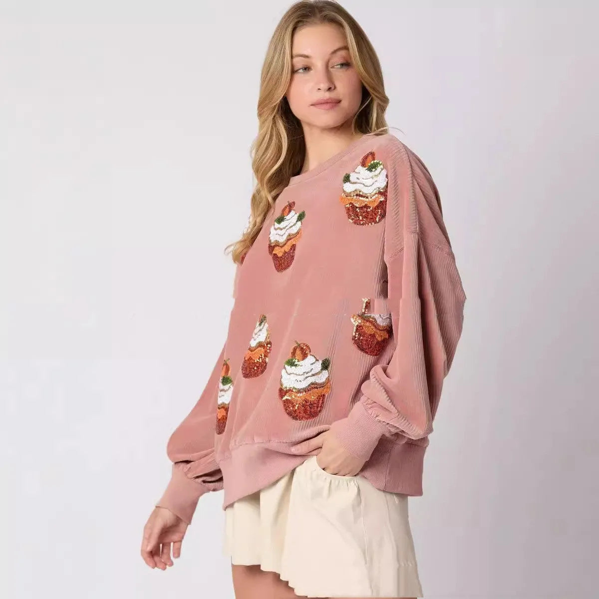 Pumpkin cake sequined round neck loose pullover sweater in rose colour with long sleeves