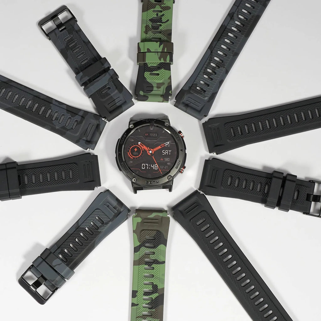 Silicone flat direct smart watch strap in black or army green with 22mm interface
