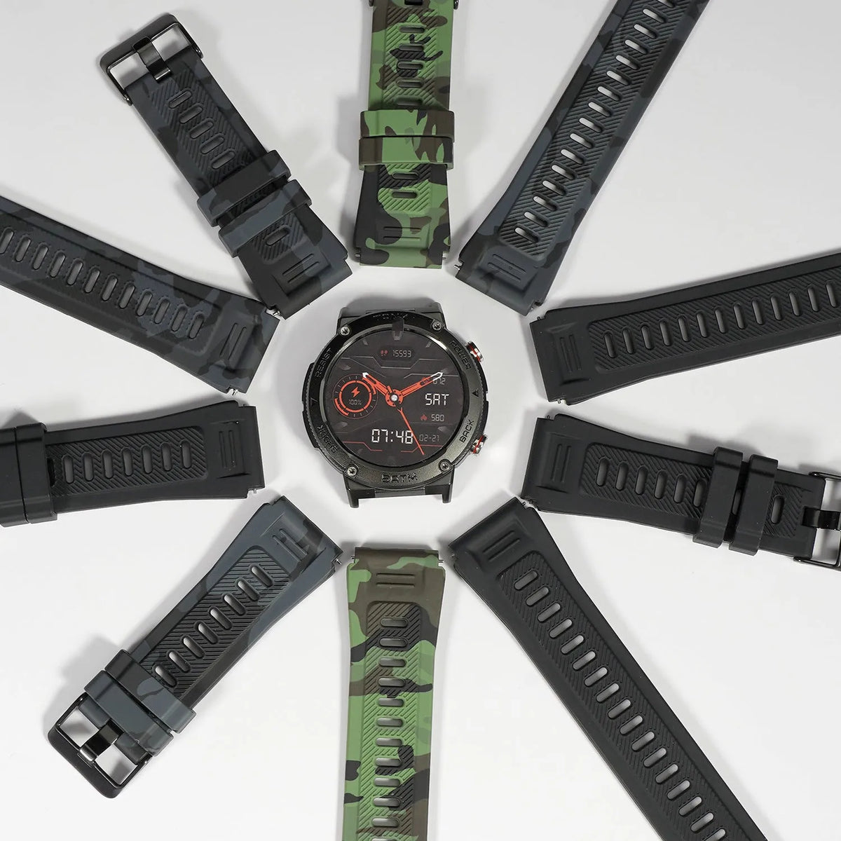 Silicone flat direct smart watch strap in black or army green with 22mm interface