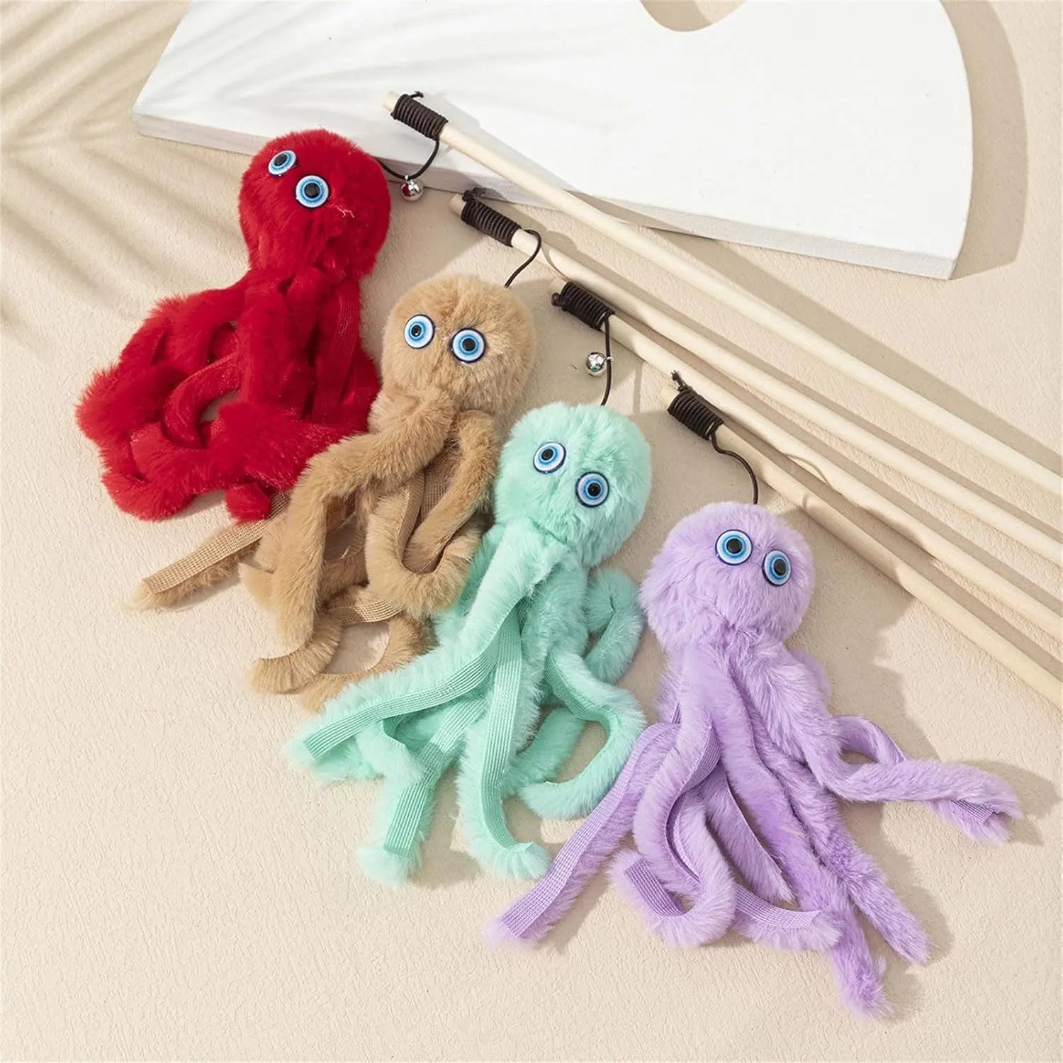 Colourful octopus cat toy with long stick and feather elements for indoor play