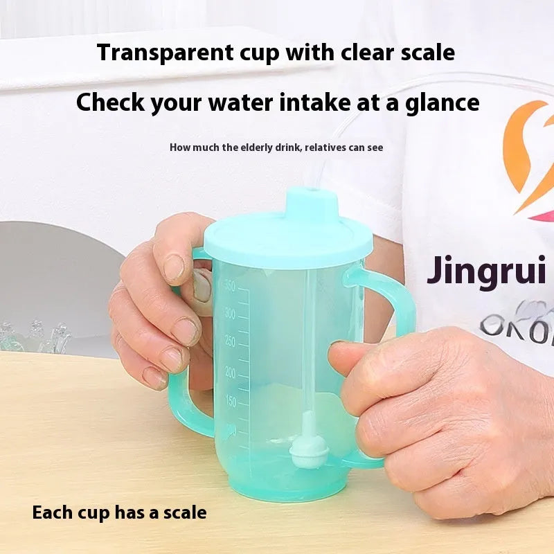 Adult care choking prevention drinking cup with handle and lid, made from white PP plastic.