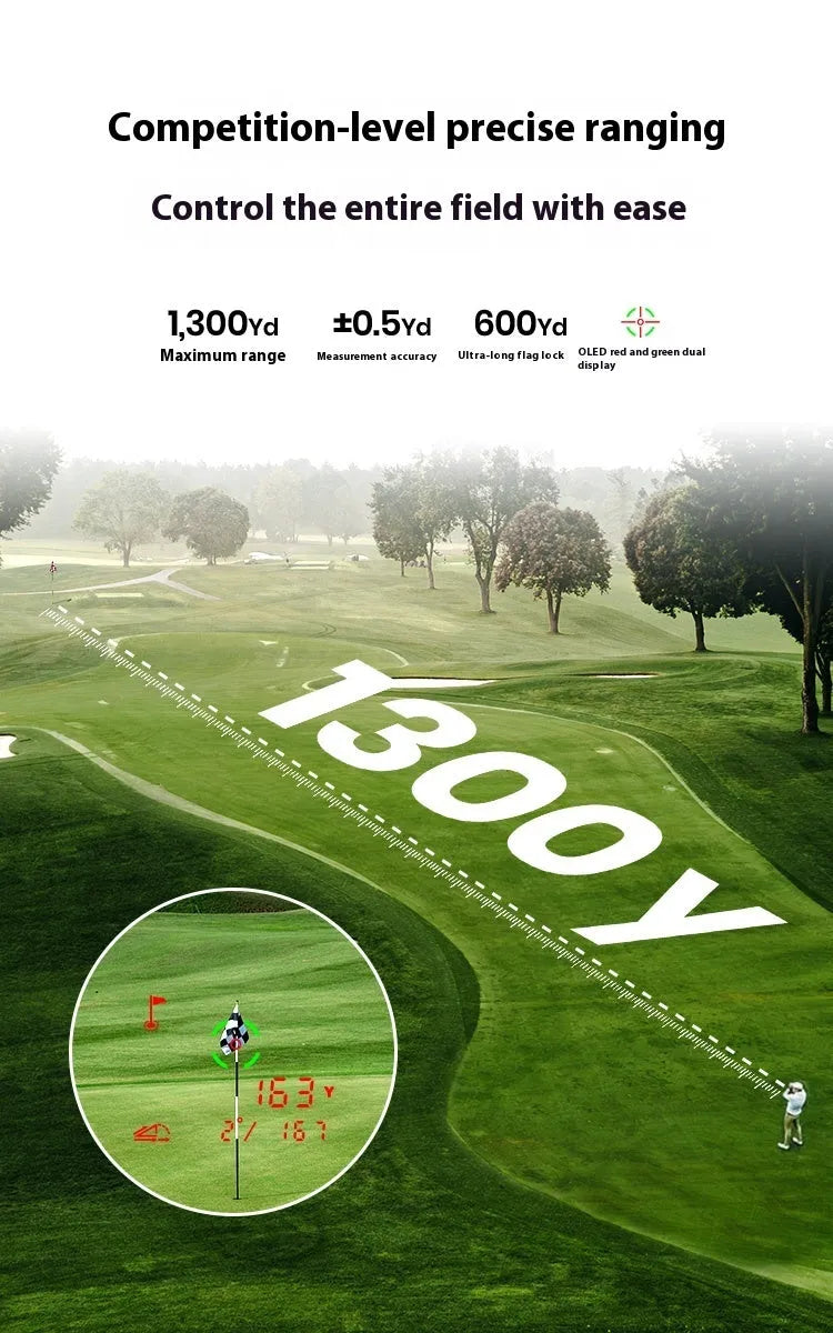 GenePro G1 black golf laser rangefinder with GPS shown on golf course.