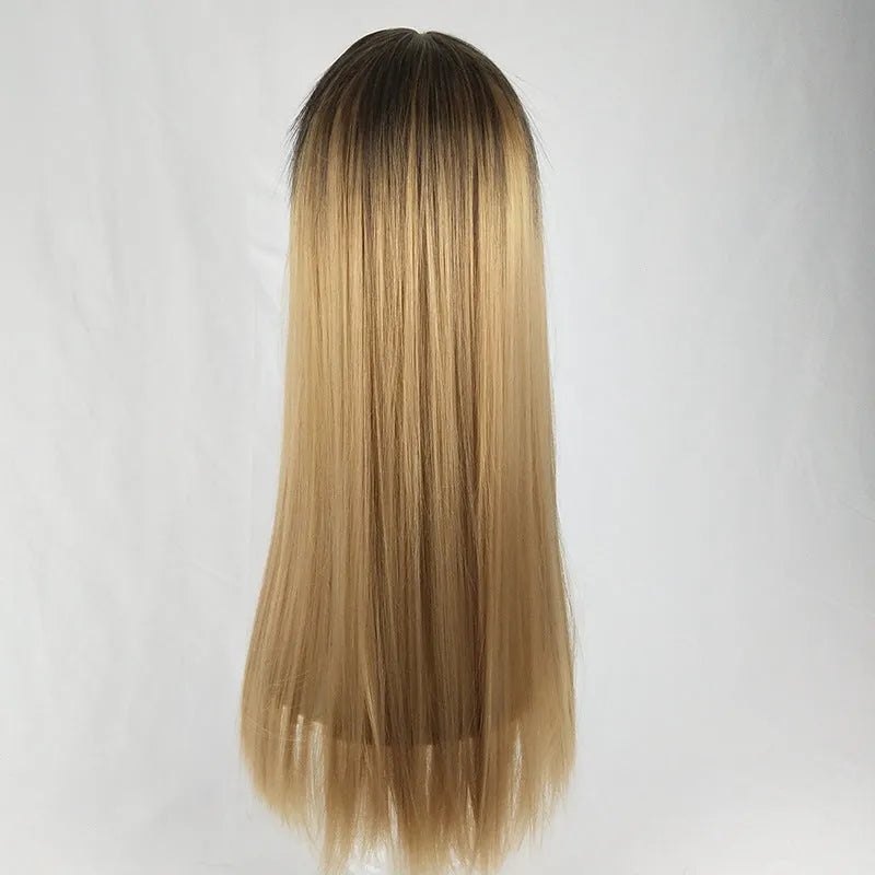 Long straight gradient fake hair wig with air bangs in Korean style made from high temperature silk