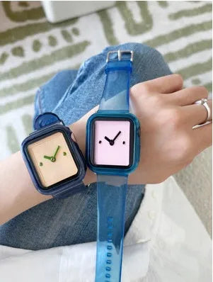 Brown transparent silicone replacement strap for Apple Watch, showing connector for compatible models.