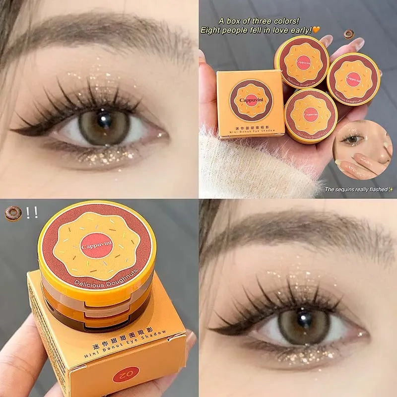 Mini donut eye shadow palette with three pink and brown shades in matte and glittering finishes, compact for daily makeup use