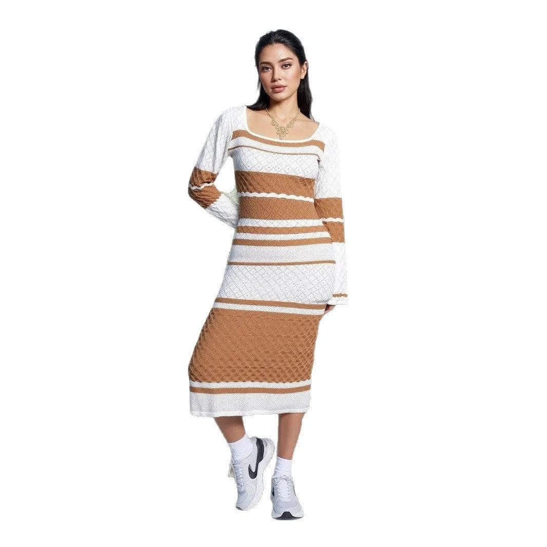 Long-sleeved U-neck knitted dress with colourful contrast stripes in black colour, free size, casual style