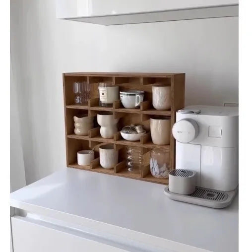 Solid wood multi-layer grid storage rack with birch finish and square compartments for cup organisation