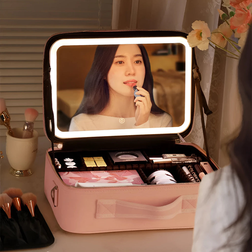 Smart LED cosmetic case with 4K mirror and adjustable fill light in white PU leather, open to show storage compartments and brush board