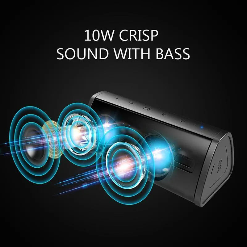 Black Bluetooth waterproof outdoor speaker with 10W subwoofer, 152x66x64mm, on a neutral background