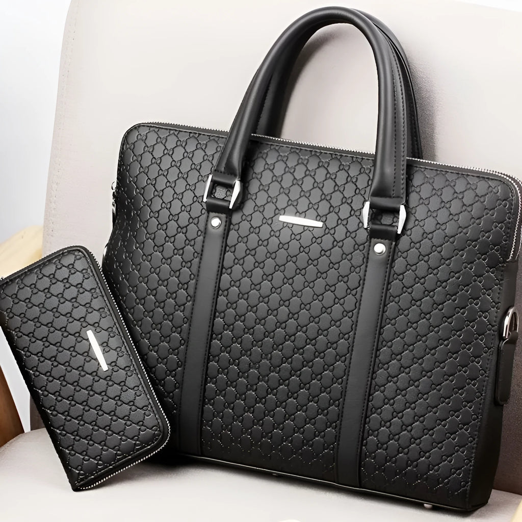 Men's black microfiber synthetic leather business briefcase handbag with embossed letters and adjustable strap