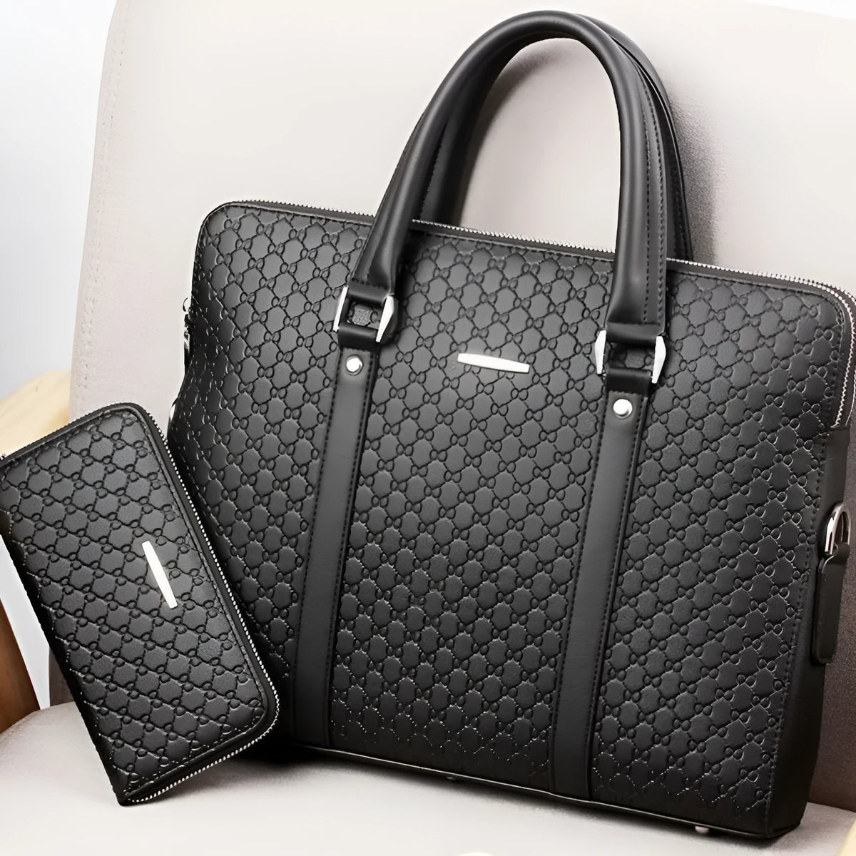 Men's black microfiber synthetic leather business briefcase handbag with embossed letters and adjustable strap