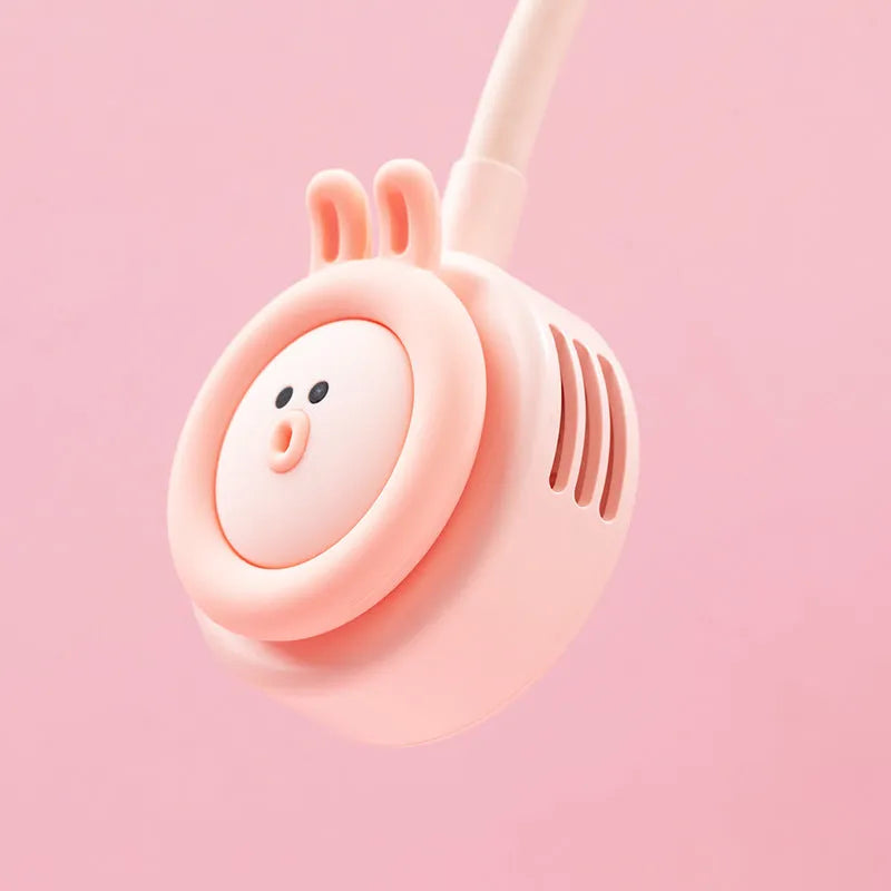 Sanhuo pink leafless hanging neck fan showing compact design and wear position