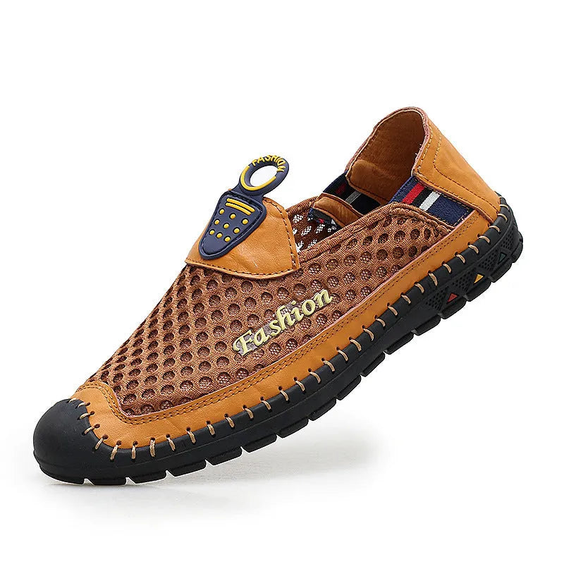 Men's brown breathable mesh casual shoes with round toe and rubber sole.
