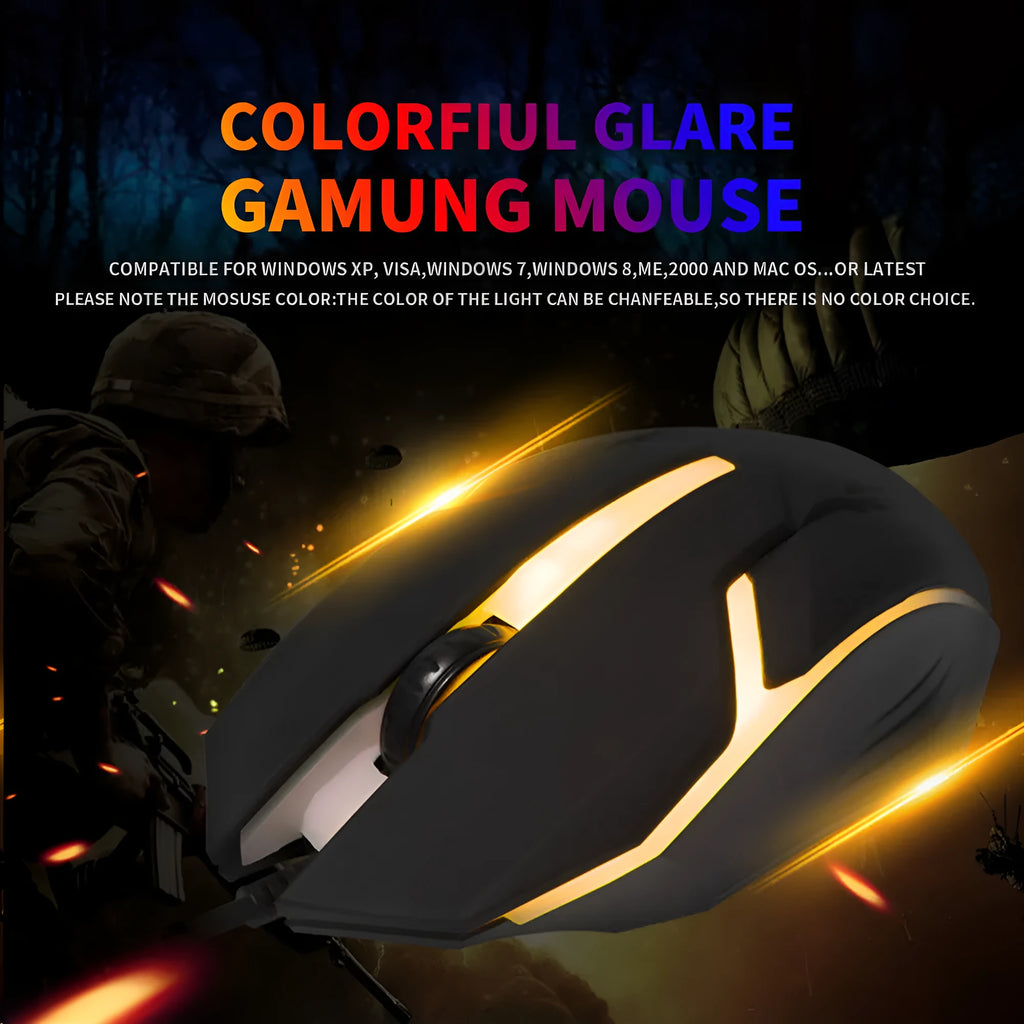 Wired USB mouse, four-button black design with colourful breathing light and 1.2 m cable for laptop and computer use