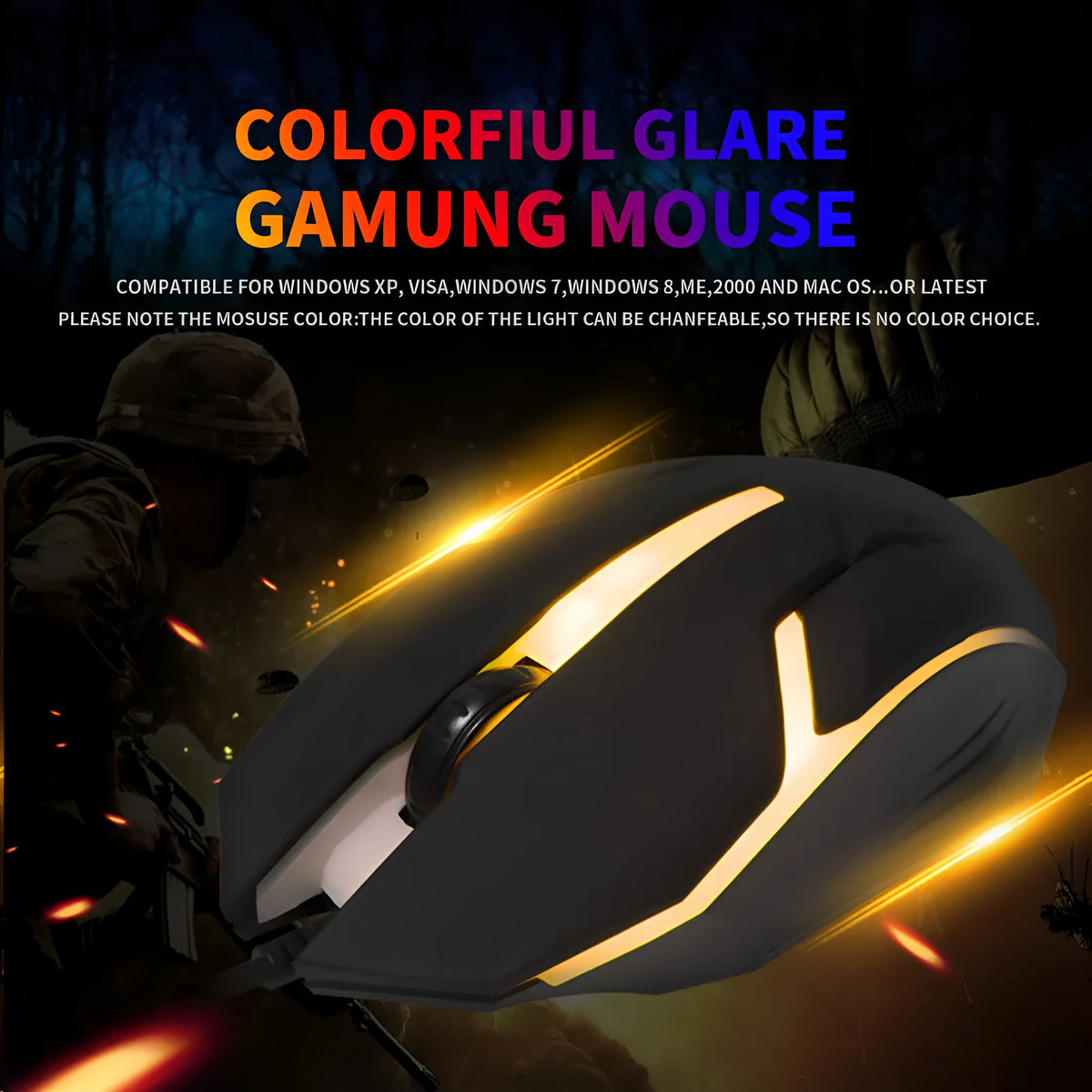 Wired USB mouse, four-button black design with colourful breathing light and 1.2 m cable for laptop and computer use