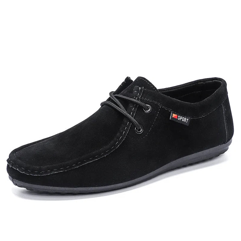 Men's brown casual slip-on loafers with suede finish, round toe, low heel, non-slip plastic sole