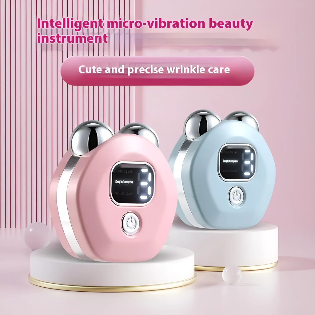 Portable hot compress facial massage instrument with micro current double-roller in light blue, pink, or white.
