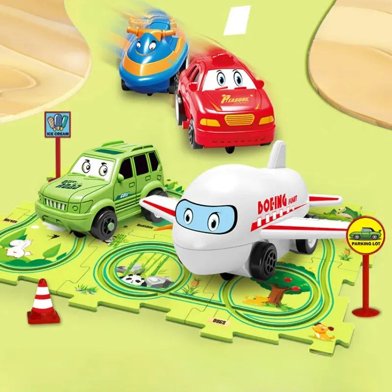Children puzzle electric railroad speeder DIY assembly track set with automatic car and plastic pieces in multiple themes