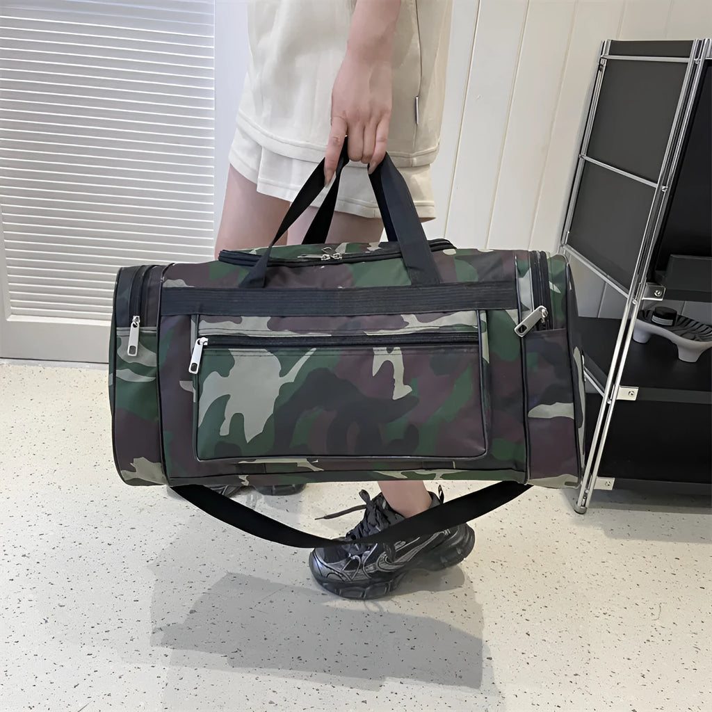Green camouflage waterproof fabric luggage bag with striped polyester lining.